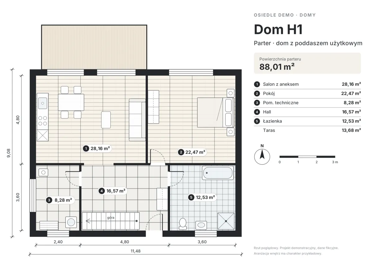 Rzut domu H1 — parter (materiał demonstracyjny, dane fikcyjne)