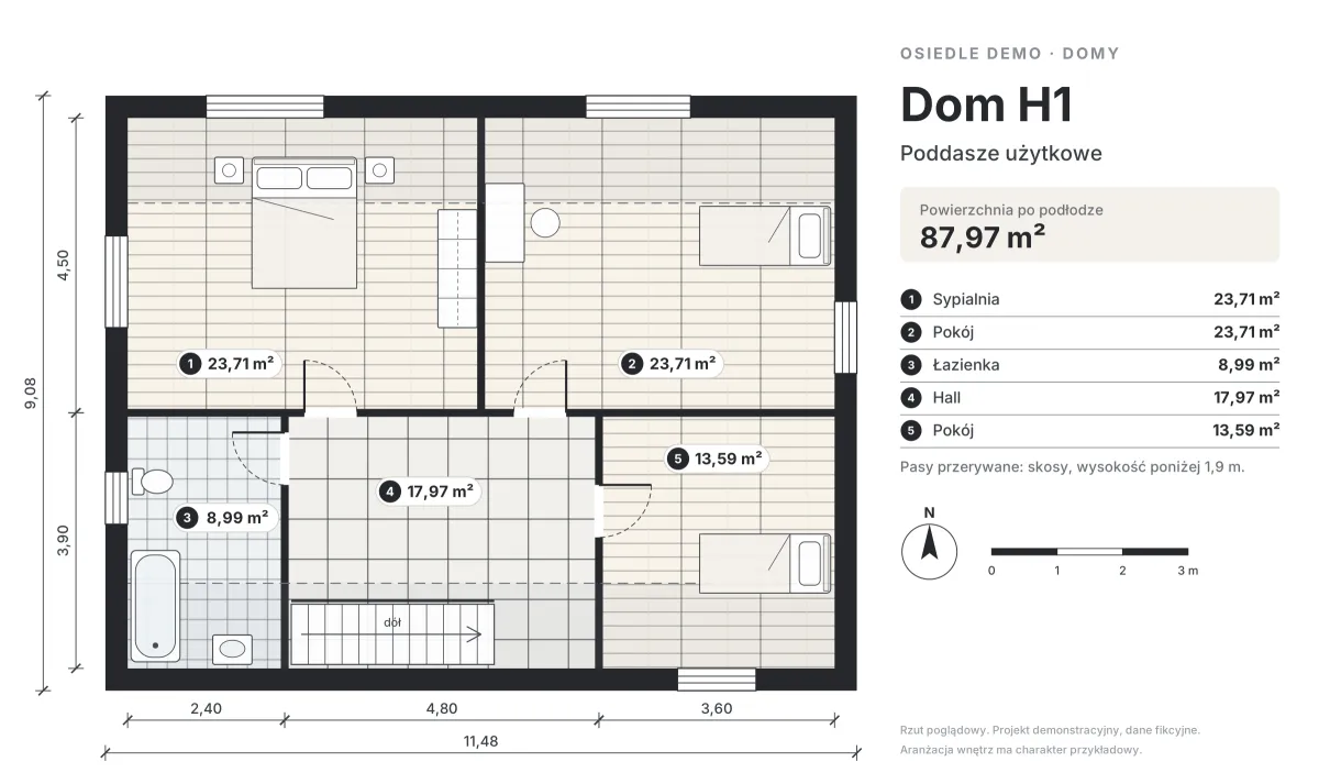 Rzut domu H1 — poddasze (materiał demonstracyjny, dane fikcyjne)
