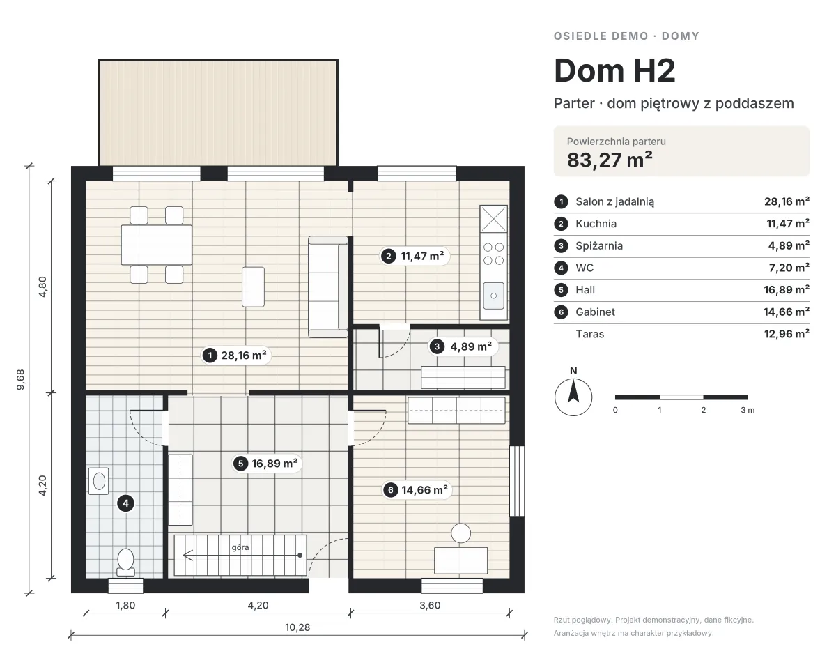 Rzut domu H2 — parter (materiał demonstracyjny, dane fikcyjne)