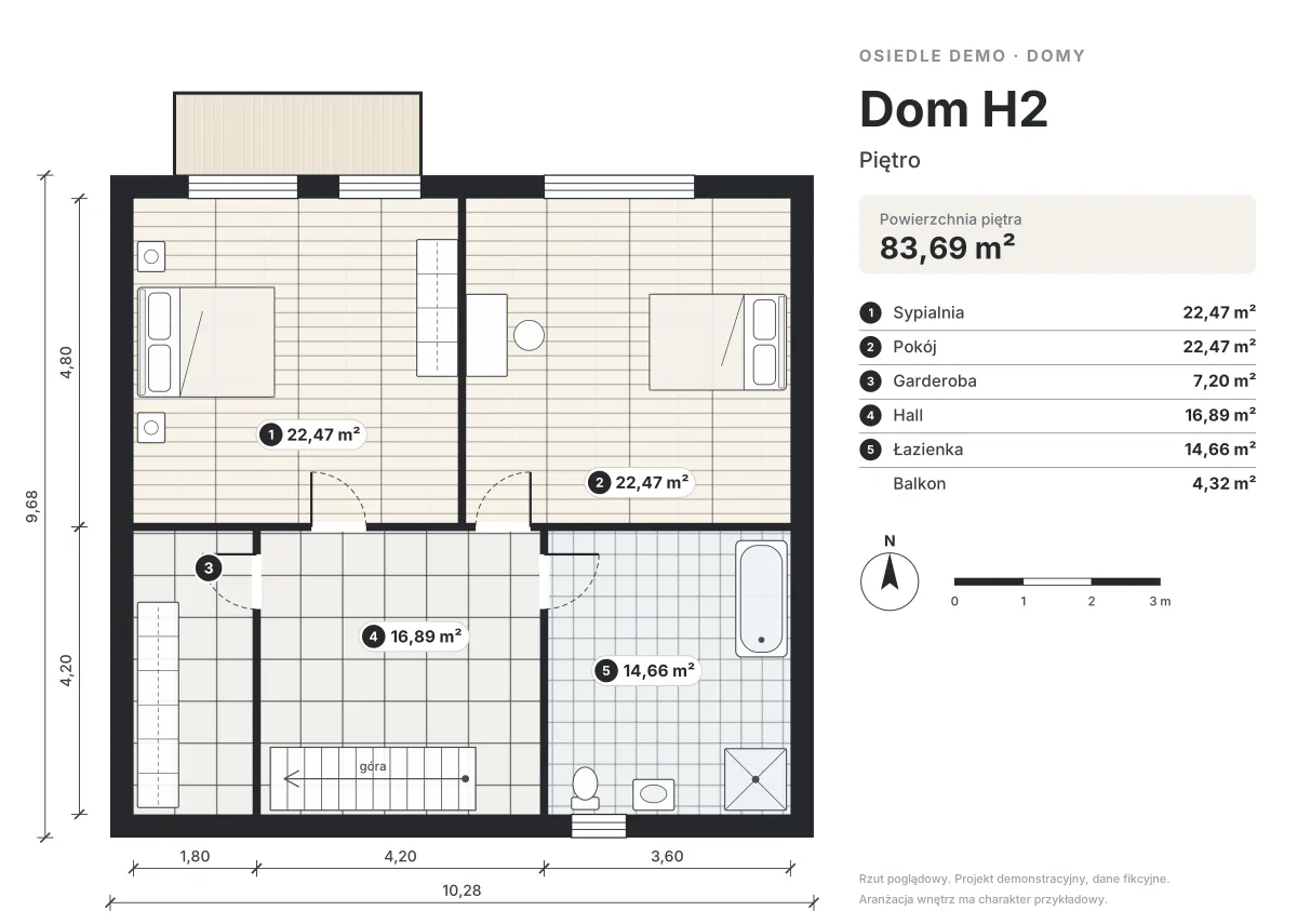 Rzut domu H2 — pietro (materiał demonstracyjny, dane fikcyjne)