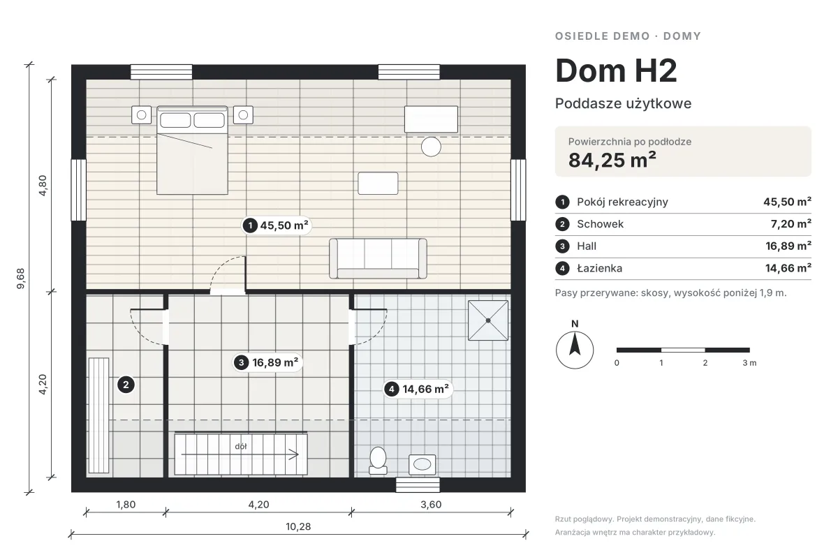 Rzut domu H2 — poddasze (materiał demonstracyjny, dane fikcyjne)